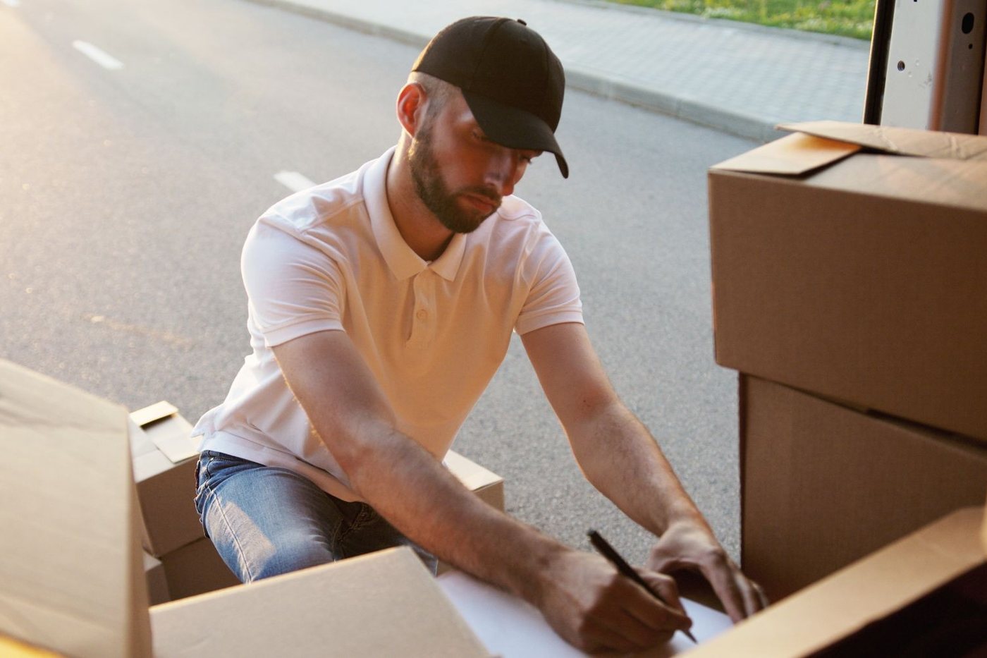 A mover kneeling at the tailgate to write up a carton before it goes on board.
